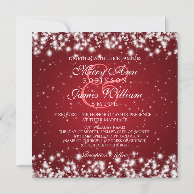 Invitación Rojo elegante de la chispa del invierno de la boda (Anverso)
