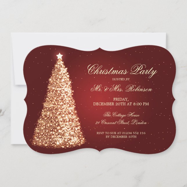 Invitación Rojo elegante del árbol de navidad del oro de la (Anverso)