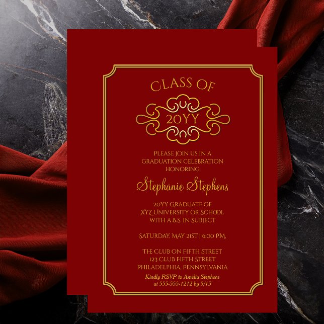 Invitación Rojo elegante | Fiesta de graduación de Gold Colle (Elegant Red and Gold Tone College | University Graduation Announcement and Party Invitation)