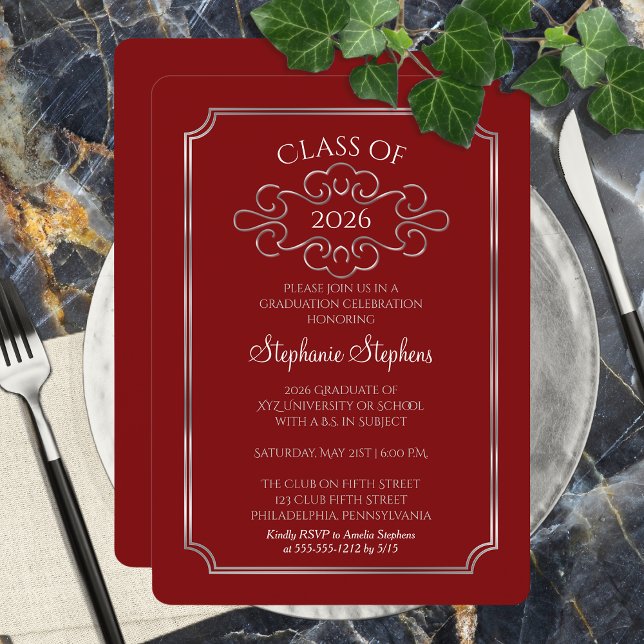 Invitación Rojo elegante | Fiesta de Graduación de Silver Col (Elegant and Classy Formal Red and Silver Tone College Graduation Party Invitation - Print | Digital)