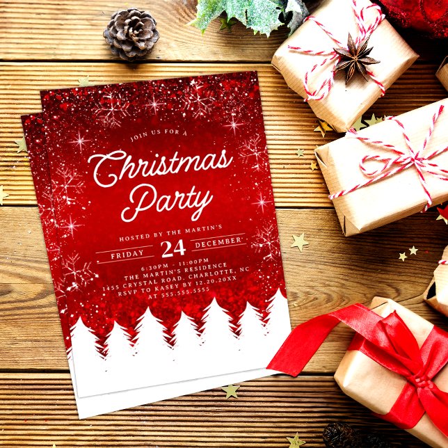 Invitación Rojo elegante | Fiesta de Navidades de árboles y c (Subido por el creador)