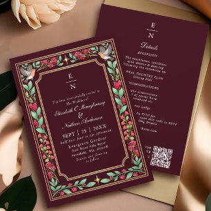 Invitación Rojo Encantador Boda Floral Botánico Código QR