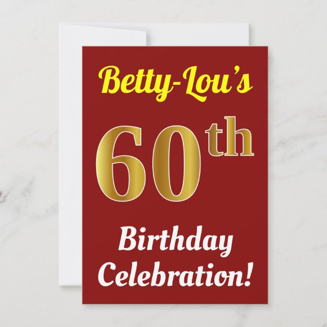 Invitación Rojo, Falso Oro Celebración del 60 cumpleaños + No (Anverso)