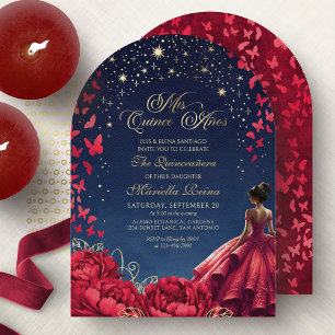 Invitación Rojo Floral Celestial Princesa Elegante Quinceañer