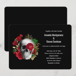 Invitación Rojo Floral de Goth Cráneo y Hojas Doradas