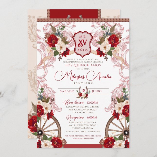 Invitación Rojo Floral Elegante Barroco Quinceañera (Anverso / Reverso)