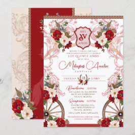 Invitación Rojo Floral Elegante Barroco Quinceañera