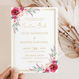 Invitación Rojo Floral Hojas Verdes Marco Dorado Nuestra Boda