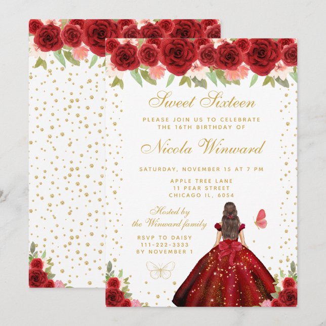 Invitación Rojo Floral Morena Pelo Princesa Dulces Dieciséis (Anverso / Reverso)