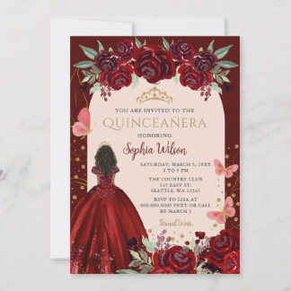 Invitación Rojo Floral Princesa Quinceañera de Oro