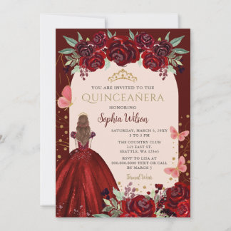 Invitación Rojo Floral Princesa Quinceañera de Oro