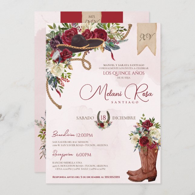Invitación Rojo Floral Rústico Charro Quinceañera Español (Anverso / Reverso)