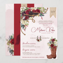 Invitación Rojo Floral Rústico Charro Quinceañera Español