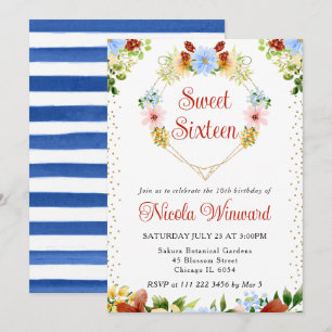 Invitación Rojo, Flores Amarillas Azules Corazón Wreath Sweet