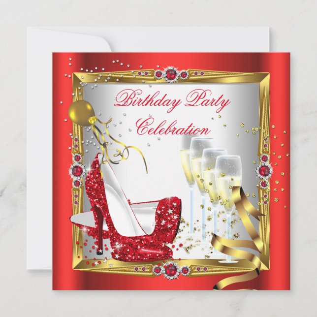 Invitación Rojo High Heel Shoes Champagne Gold White (Anverso)
