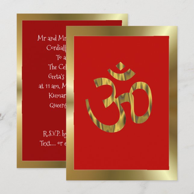 Invitación Rojo hindú y oro de OM de la celebración (Anverso / Reverso)