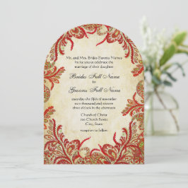 Invitación Rojo, Lima y Naranja Vintage Paisley Damasco Boda