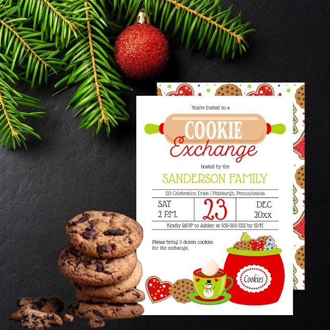 Invitación Rojo | Lime Sprinkle Holiday Cookies Exchange Fies (Red | Lime Holiday Sprinkle Cookies Exchange Party Invitation)