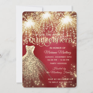 Invitación Rojo lujoso vestido brillante de oro