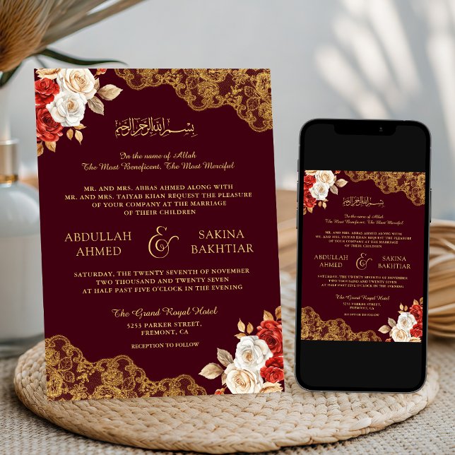 Invitación Rojo Marfil Floral Gold Lace Borgoña Boda Musulman (Subido por el creador)