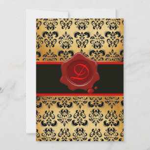 INVITACIÓN ROJO MARRÓN Y NEGRO DAMASCO , SELLO DE LACRE MONOG