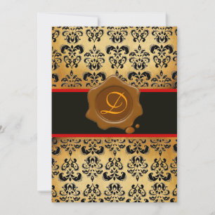 INVITACIÓN ROJO MARRÓN Y NEGRO DAMASCO , SELLO DE LACRE MONOG