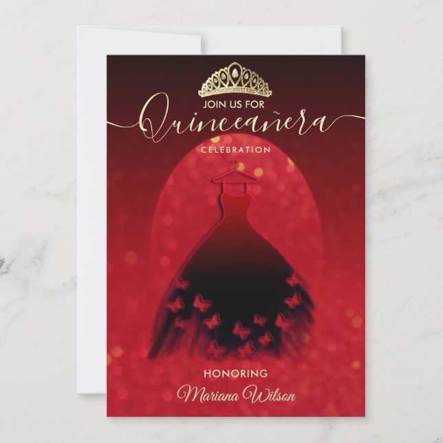 Invitación Rojo Moderno vestido de mariposa de boquilla tiara (Anverso)