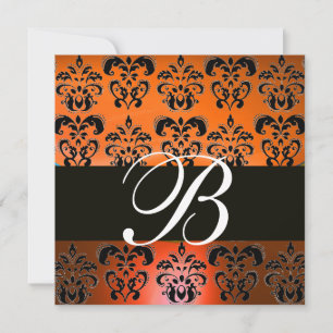 Invitación ROJO NARANJA AMARILLO BLACK DAMASK MONOGRAM , blan