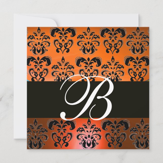 Invitación ROJO NARANJA AMARILLO BLACK DAMASK MONOGRAM , blan (Anverso)