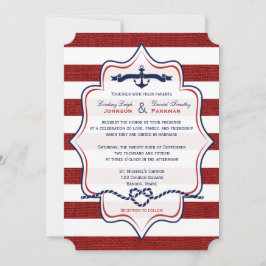 Invitación Rojo, Naval Náutica, FAUX Burlap Stripes Boda