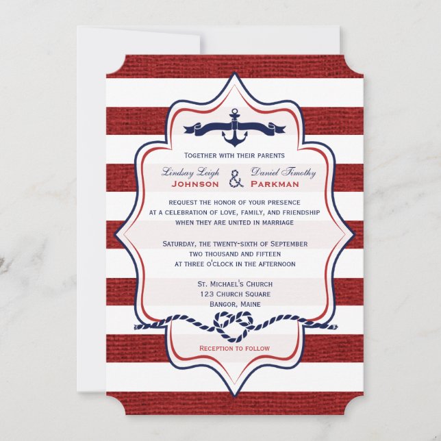 Invitación Rojo, Naval Náutica, FAUX Burlap Stripes Boda (Anverso)