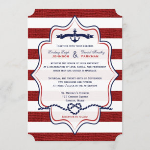Invitación Rojo, Naval Náutica, FAUX Burlap Stripes Boda