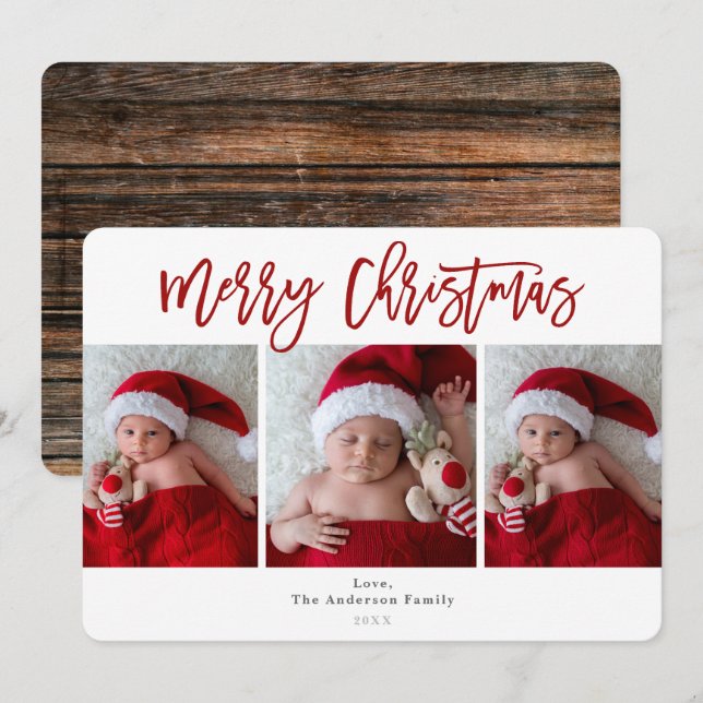 Invitación Rojo Navidad Alegre Madera Rústica Foto de Vacacio (Anverso / Reverso)