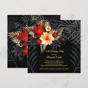 Invitación Rojo Negro Amarillo Dorado Hibisco Cumpleaños Flor