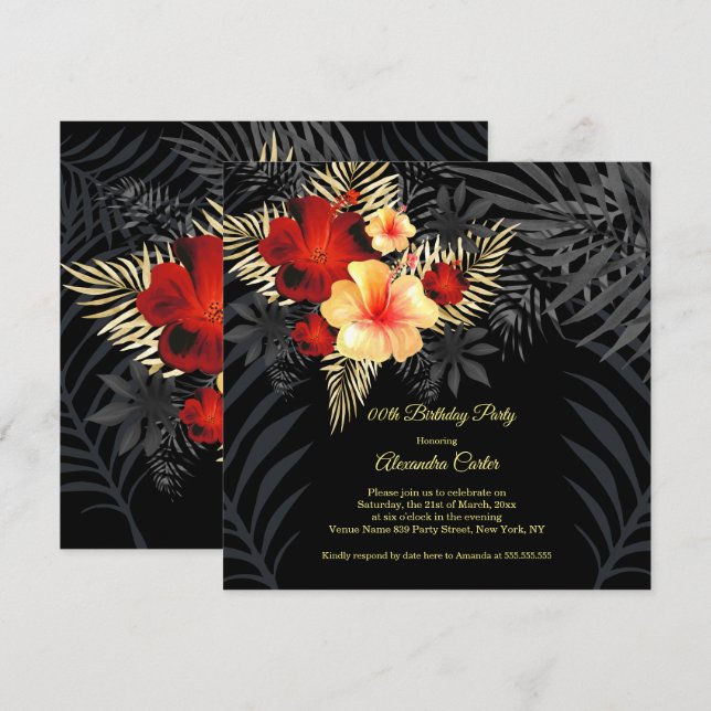 Invitación Rojo Negro Amarillo Dorado Hibisco Cumpleaños Flor (Anverso / Reverso)