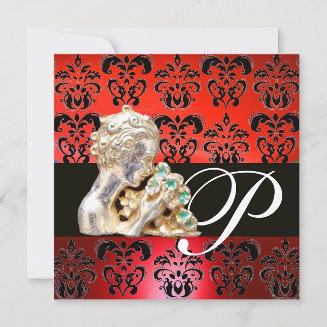 INVITACIÓN ROJO, NEGRO, BLANCO DAMASK JEWEL MONOGRAM (Anverso)