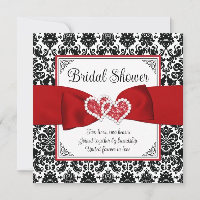 Invitación Rojo, negro, blanco Damask Love Hearts Bridal Show (Anverso)