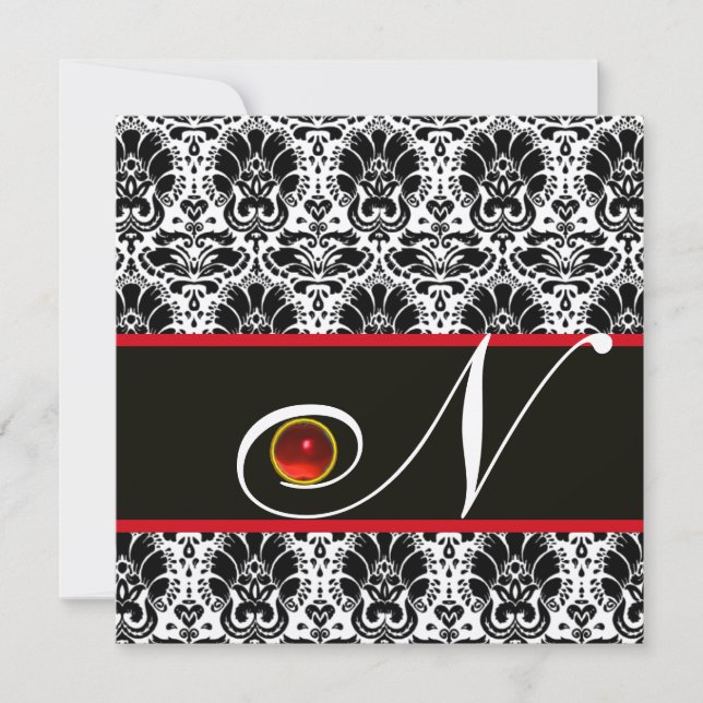 Invitación ROJO NEGRO BLANCO ORO DAMASK MONOGRAM Ruby (Anverso)
