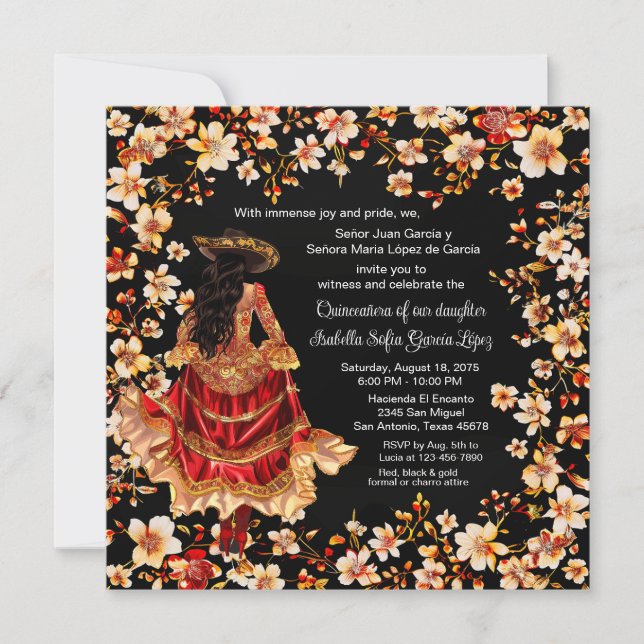 Invitación Rojo Negro Oro Charra Quinceañera (Anverso)