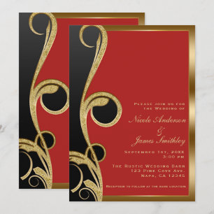 Invitación Rojo Negro & Oro Moderno Glam Elegante Remolino de