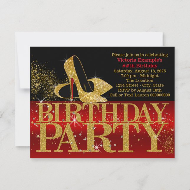 Invitación Rojo Negro Tacones Altos Cumpleaños Dorado (Anverso)