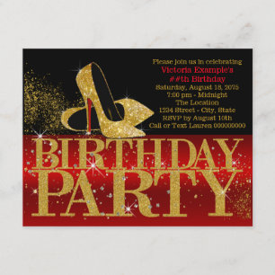 Invitación Rojo Negro Tacones Altos Cumpleaños Dorado