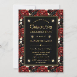Invitación Rojo Negro y Mármol Dorado Floral Quinceañera