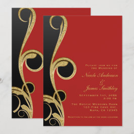 Invitación Rojo Negro y Oro Moderno Glam Elegante Remolino de