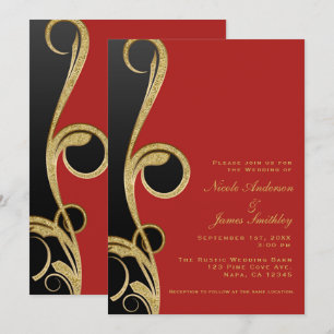 Invitación Rojo Negro y Oro Moderno Glam Elegante Remolino de