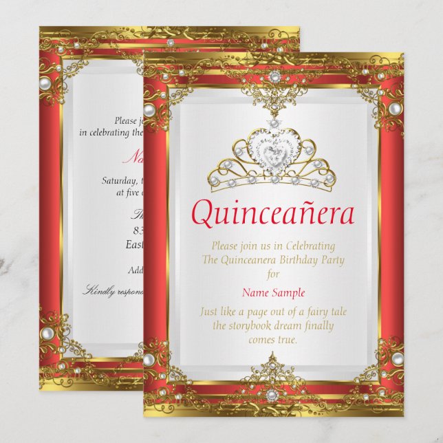 Invitación Rojo Oro Blanco Perla Princesa Quinceañera (Anverso / Reverso)