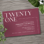 Invitación Rojo oscuro de Borgoña | Elegante Maroon 21 cumple<br><div class="desc">Invitaciones modernas para el 21º cumpleaños con el título "veintiuno" en un tipo de acento. Diseño fuera de centro con fuente blanca en un fondo rojo profundo que contrasta.</div>