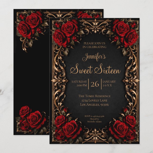 Invitación Rojo oscuro floral gótico Sweet 16 (Anverso / Reverso)