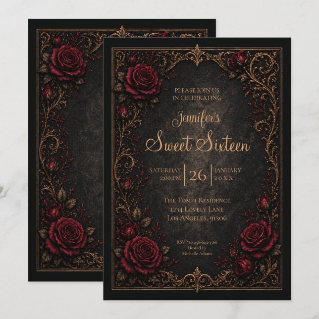 Invitación Rojo oscuro floral gótico Sweet 16 (Anverso / Reverso)