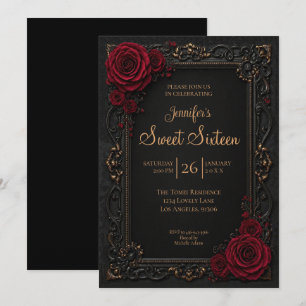 Invitación Rojo oscuro floral gótico Sweet 16